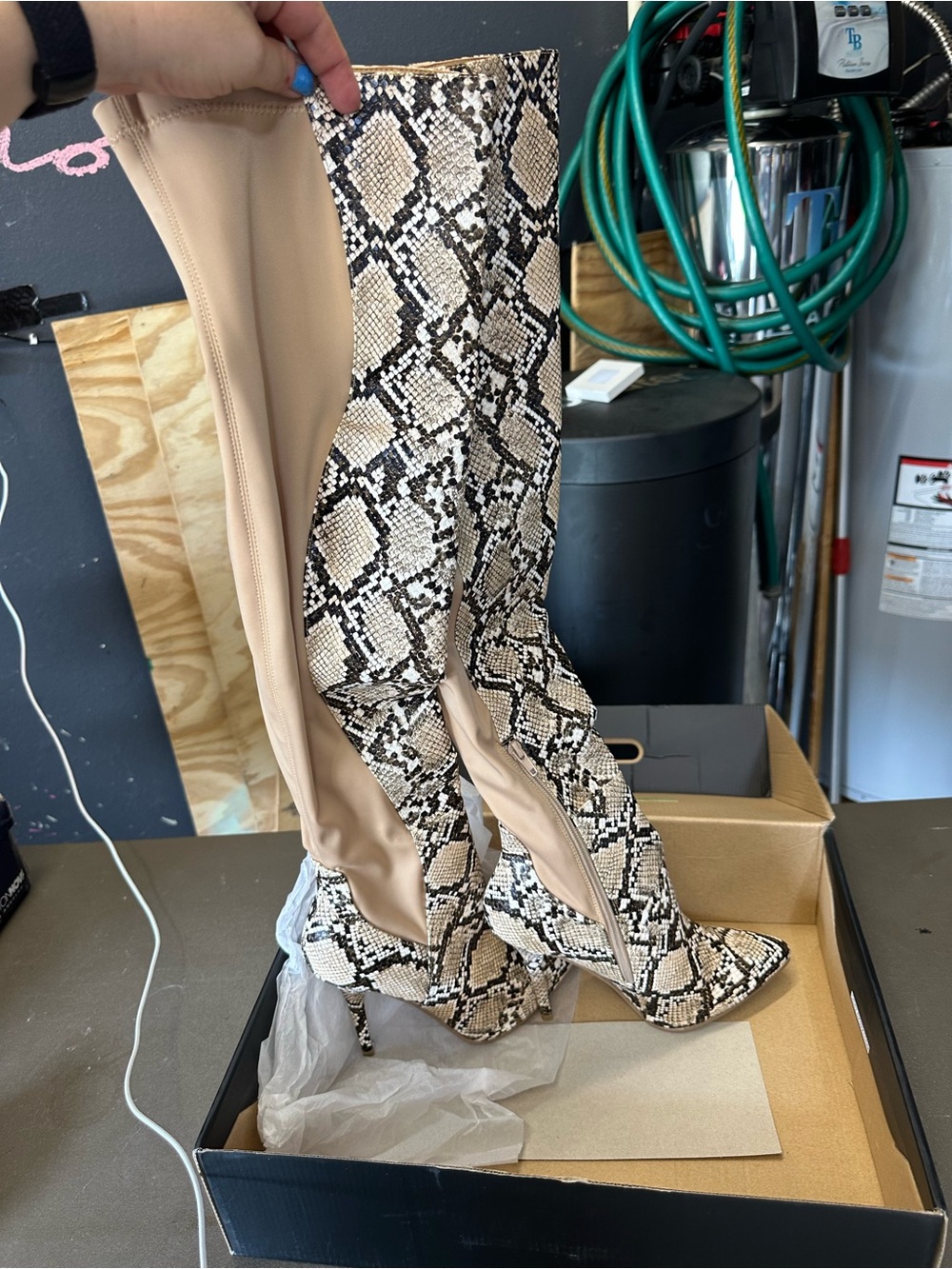 Fashion Nova Beige and Snake Print Over-the-Knee Heeled Boots size 9